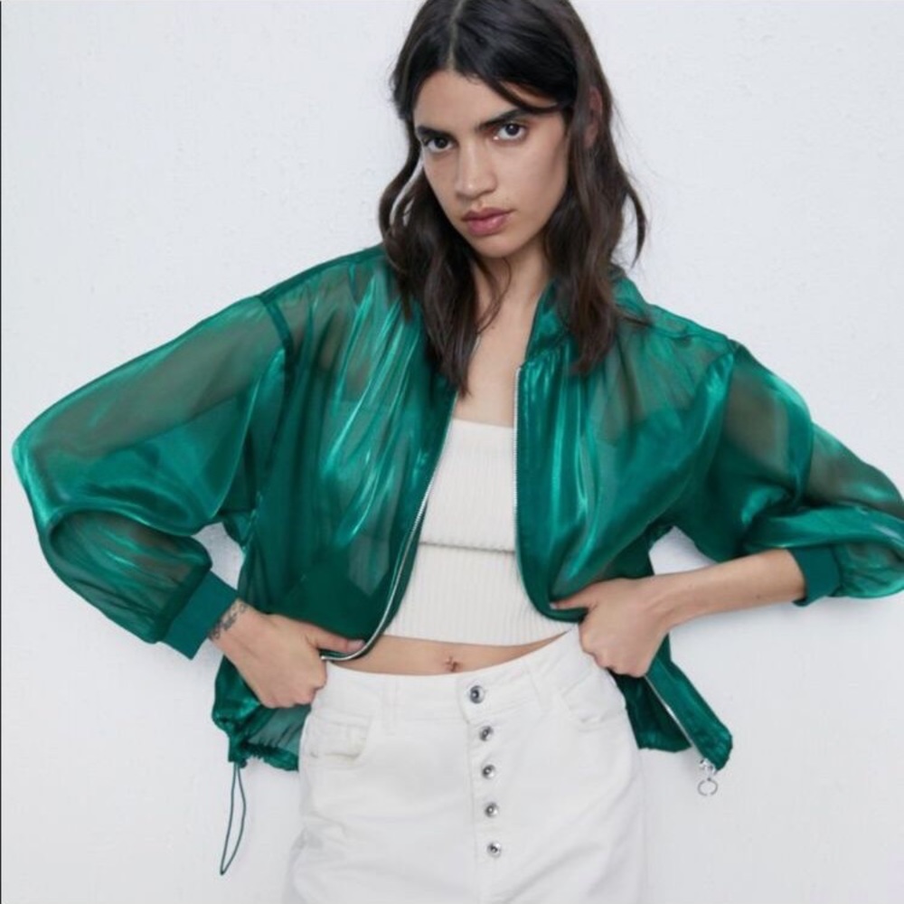 Zara vinyl Green Stand Color Bomber Jacket sz.XS